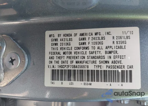 2011 Honda Accord 2.4 Ex from USA, damaged, VIN 1HGCP2F70BA056978